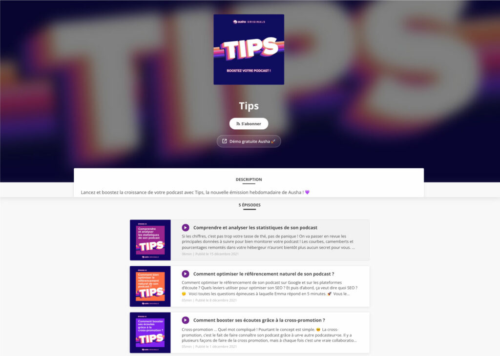 Exemple de Site Web Ausha pour son podcast